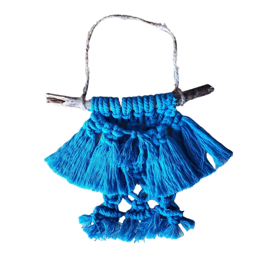Handmade Mini Shawl Macrame Wall Hanging, Cookie Monster Blue, 5x7